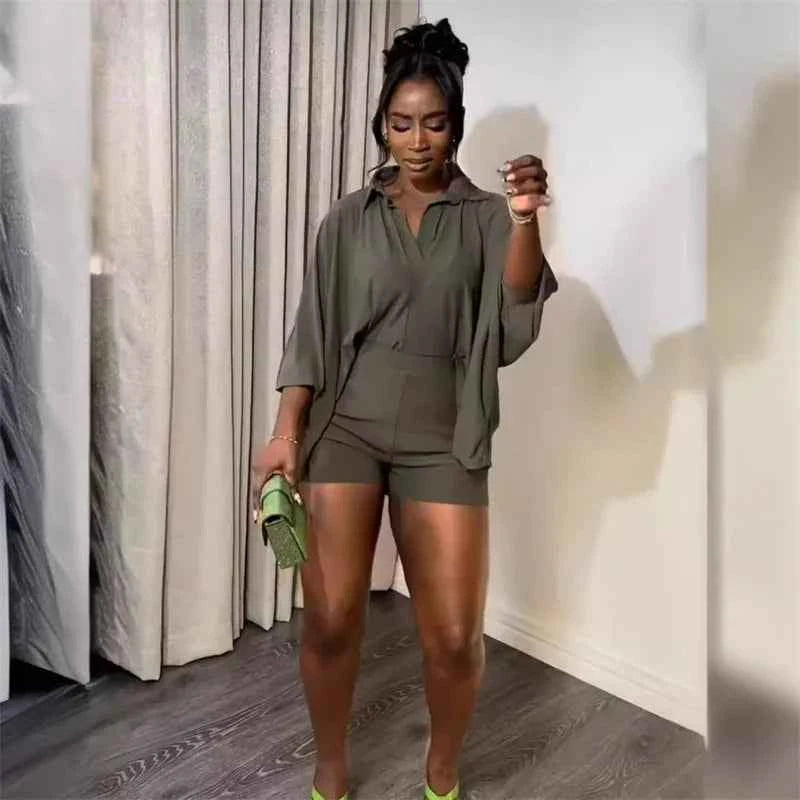 Solid Batwing Sleeve Loose Shirt Top + Shorts Casual Matching Sets