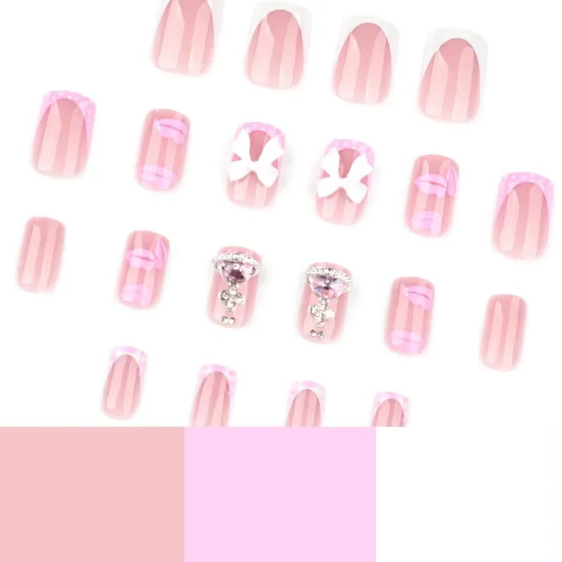 24PCS Short Square Fake Nails Sweet Pink Lips with 3D Bowknot Diamonds French Press on Nails Full Cover Detachable Nail Tips Art