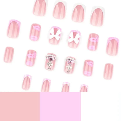 24PCS Short Square Fake Nails Sweet Pink Lips with 3D Bowknot Diamonds French Press on Nails Full Cover Detachable Nail Tips Art
