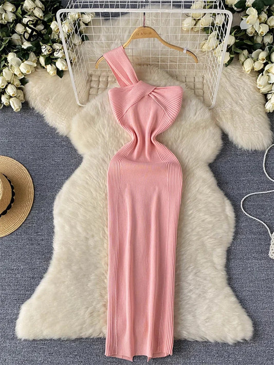 Single Shoulder Ink Knit Dress Backless Tank Striped Slim Bodycon Sundress Women Summer Beachwear Sexy Chic Vestidos