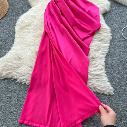 Chic Satin Slash Neck Mesh Splice Pleated Slim Dresses