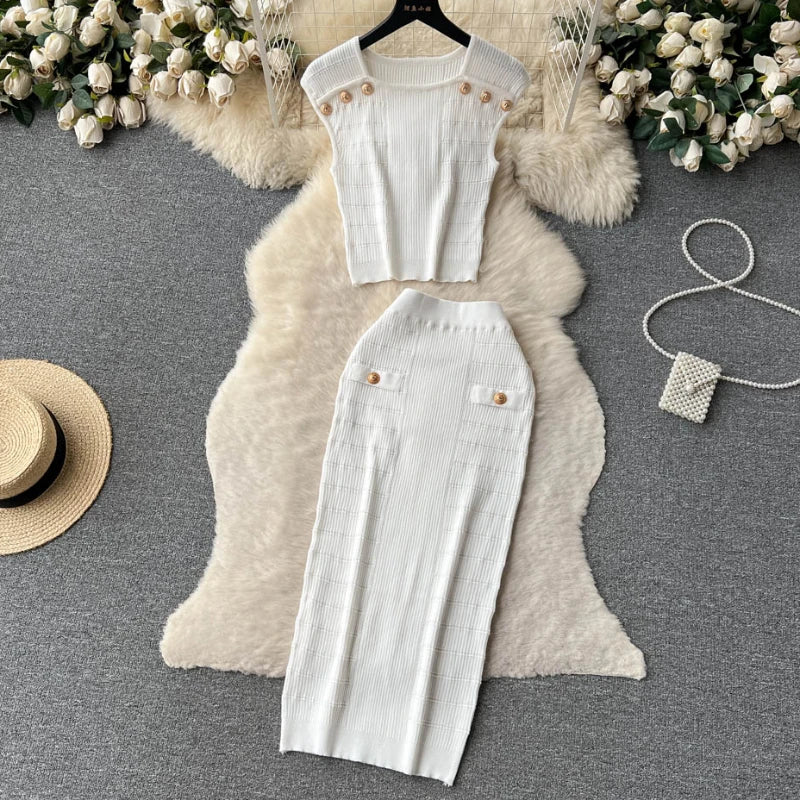 Knitted 2 Pcs. Buttons Crop Top Tanks + Slit Midi Skirt Set