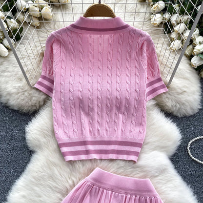 Newest Knitting Two Pieces Sets Button Vintage Basic Tops + High Waist Pleated Skirt Women Fashion 2pcs Suits