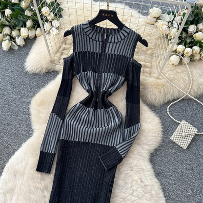 Cold Shoulder Long Sleeve Ribbed Knit Bodycon Midi Dress Elegant Fall Winter