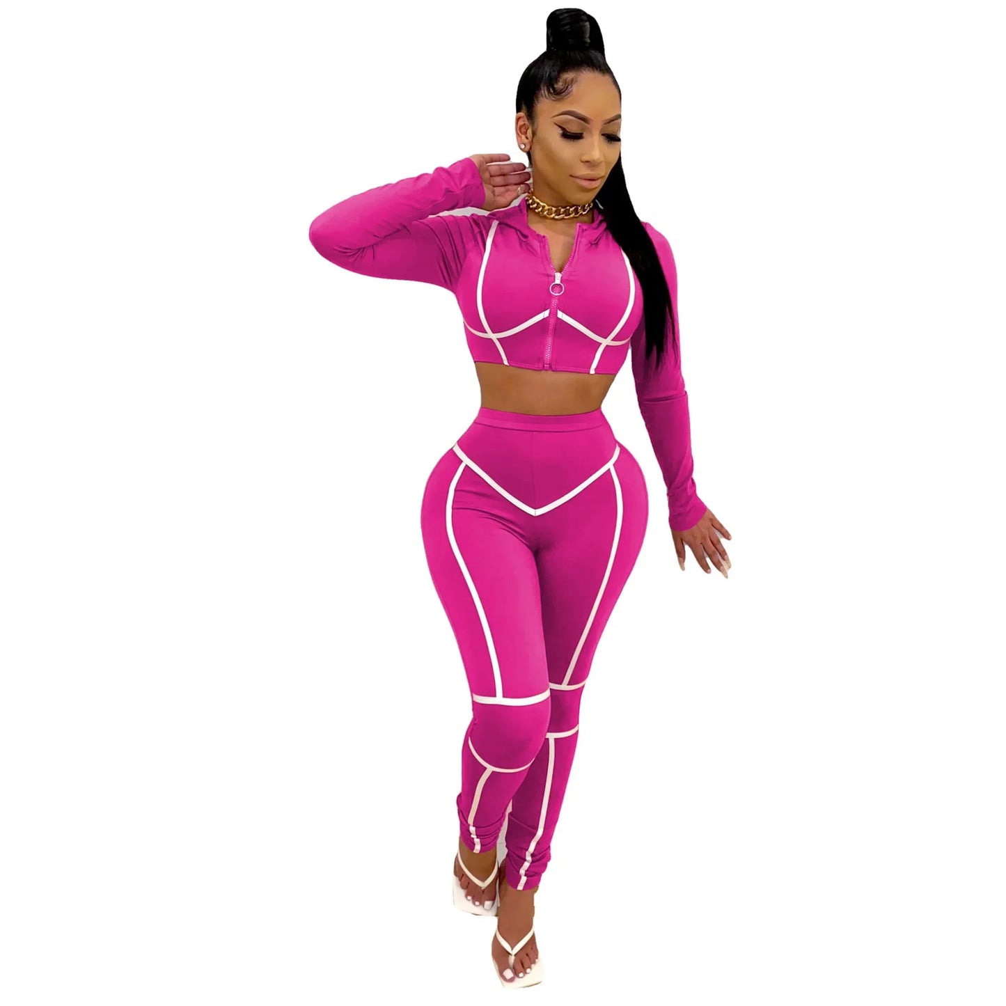 Striped Bandage Full Sleeve O-neck + Pant Sport Sets