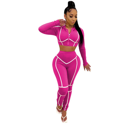 Striped Bandage Full Sleeve O-neck + Pant Sport Sets