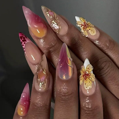 24Pc Long Stiletto Press on Nails Cherry Pink French False Nails with 3D Bow Pearls Design Detachable Acrylic Fake Nail Art Tips