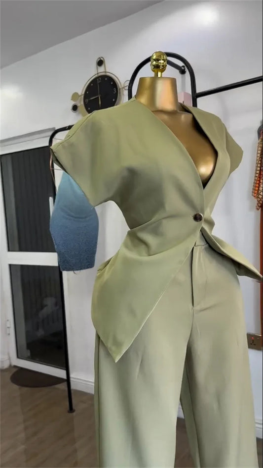 Single Button Blazer + Wide Leg Pant Sets