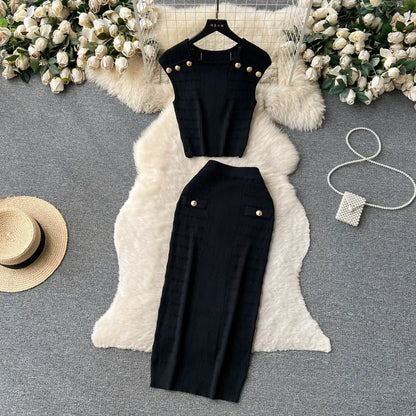 Knitted 2 Pcs. Buttons Crop Top Tanks + Slit Midi Skirt Set