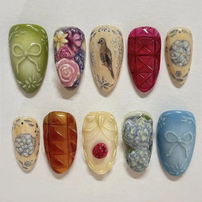 24pcs Flower Print Press on Nails Wine Red Blush Almond False Nail Tips Wearable Reusable Summer Spicy Girl Fake Nails