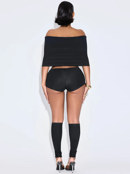 Weird Puss Summer 2 Piece Set Women Simple Trend Slash Neck Mid Sleeve Crop Tops+Shorts+Foot Cover Matching Streetwear Outfits