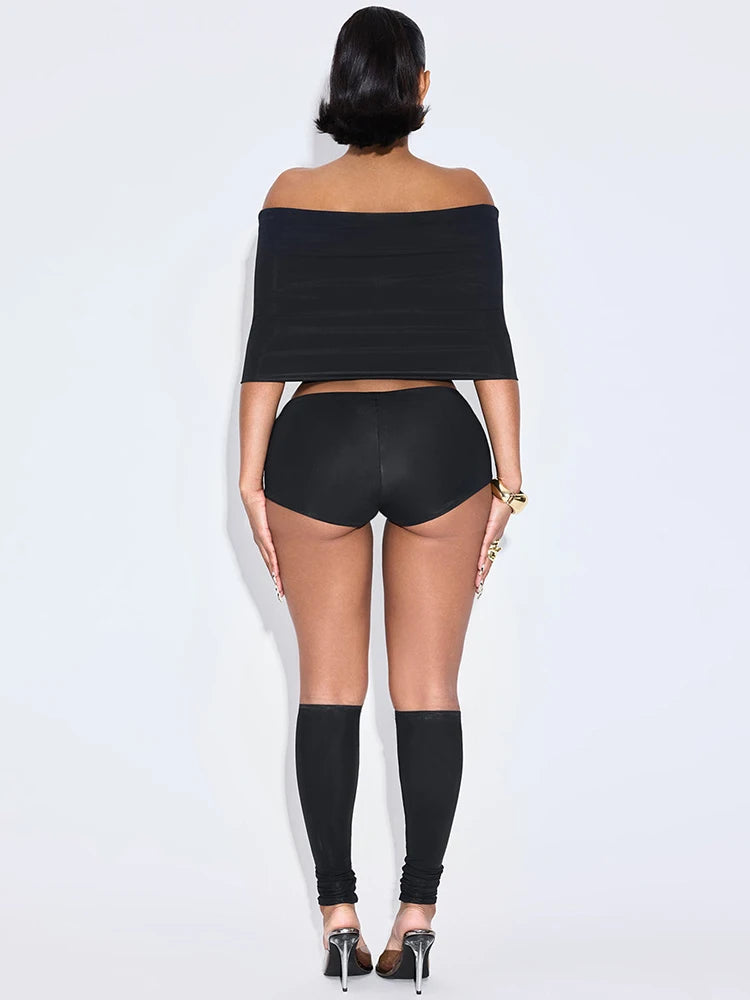 Simple Trend Slash Neck Mid Sleeve Crop Tops+Shorts+Foot Cover Matching Streetwear Outfits