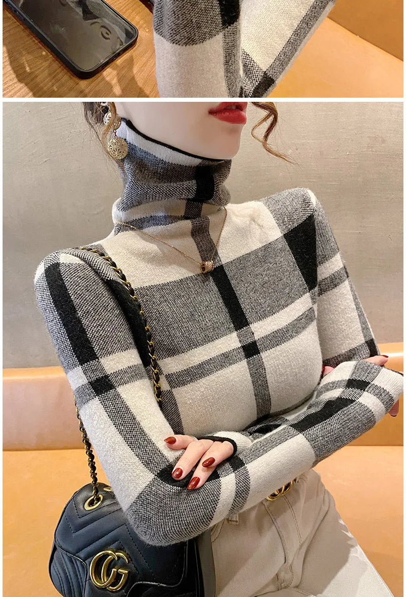 Kyli's Basic Soft Elastic Slim Turtleneck Wool Knitted Sweaters (Vintage Plaid)