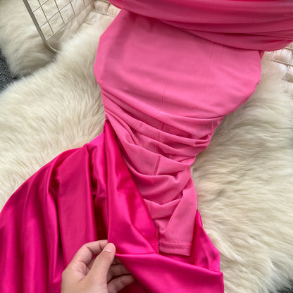 Chic Satin Slash Neck Mesh Splice Pleated Slim Dresses