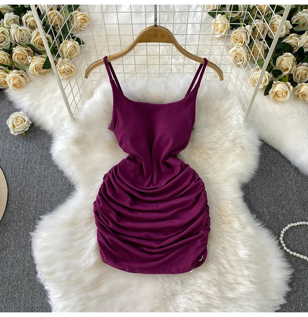 Spaghetti Strap Pleated Temperament Mini Dresses
