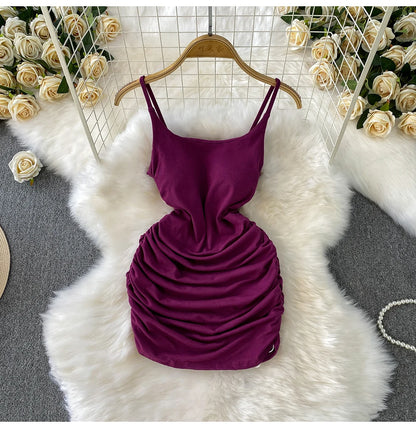 Spaghetti Strap Pleated Temperament Mini Dresses