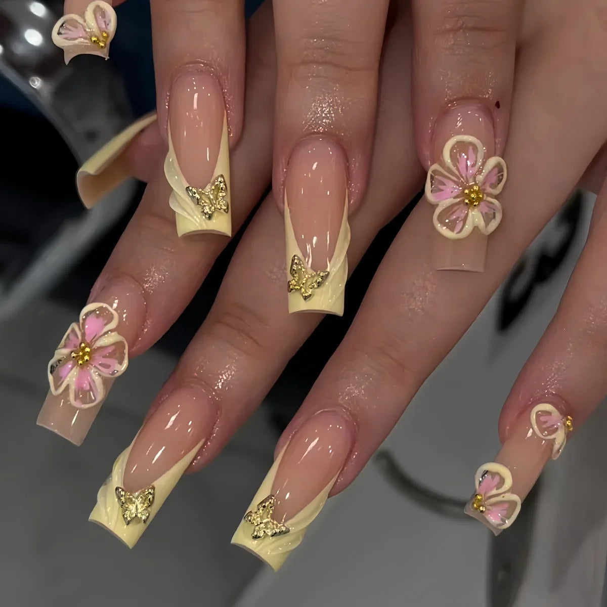 24Pcs Long Square Press on Nails Leopard Print French 3D Cherry Design False Nail Rhinestone Wearable Full Cover Fake Nails Tips