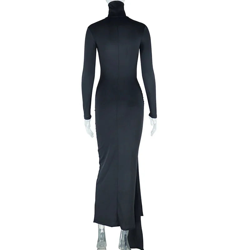 Bezel High Collar Long Sleeve Bandage Ruched Hip Maxi Long Dresses