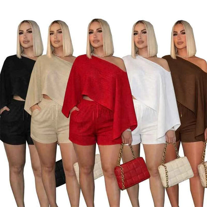 Irregular Shoulder Crop Top + Shorts Matching Sets