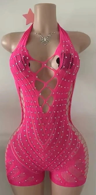 Hollow-out Rhinestone Patchwork Bodycon Halter Sleeveless Backless Lingerie