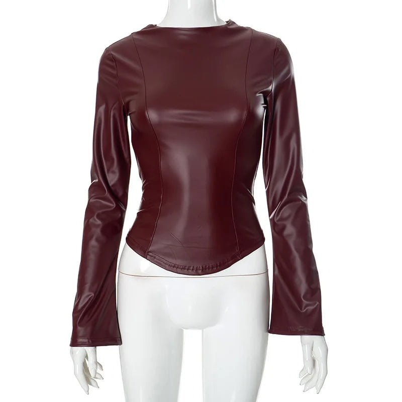 Bella WineRed Leather Shirt Corset Top