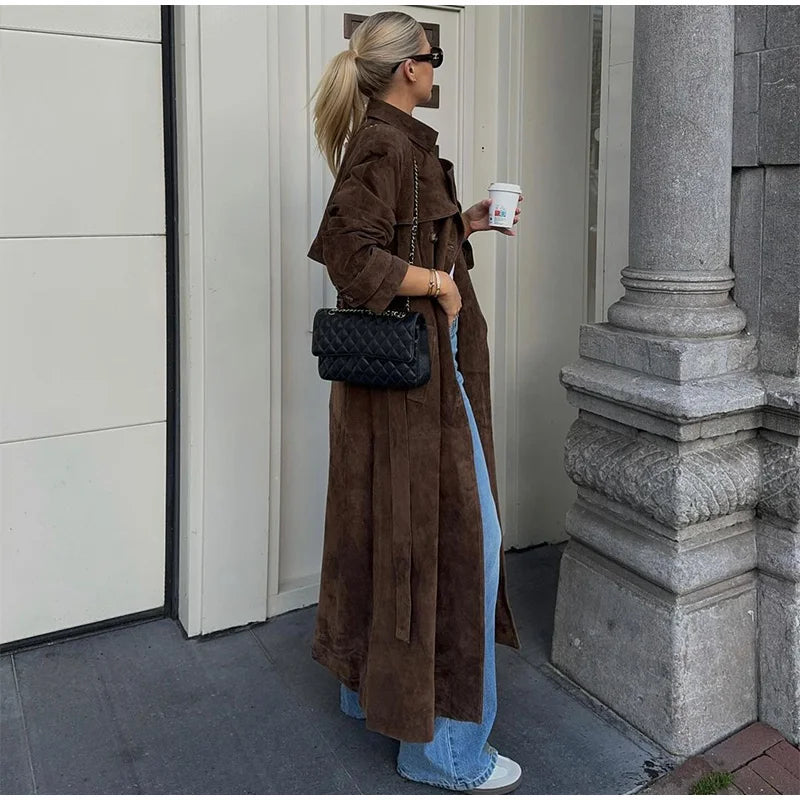 Lonnie Suede Elegant Turn-down Collar Long Coat