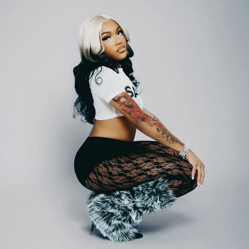 Joskaa Women's Jacquard  Lace Leggings Patchwork Sexy See Through High Waist Pencil Pants Female Bottoms Midnight Party Clubwear