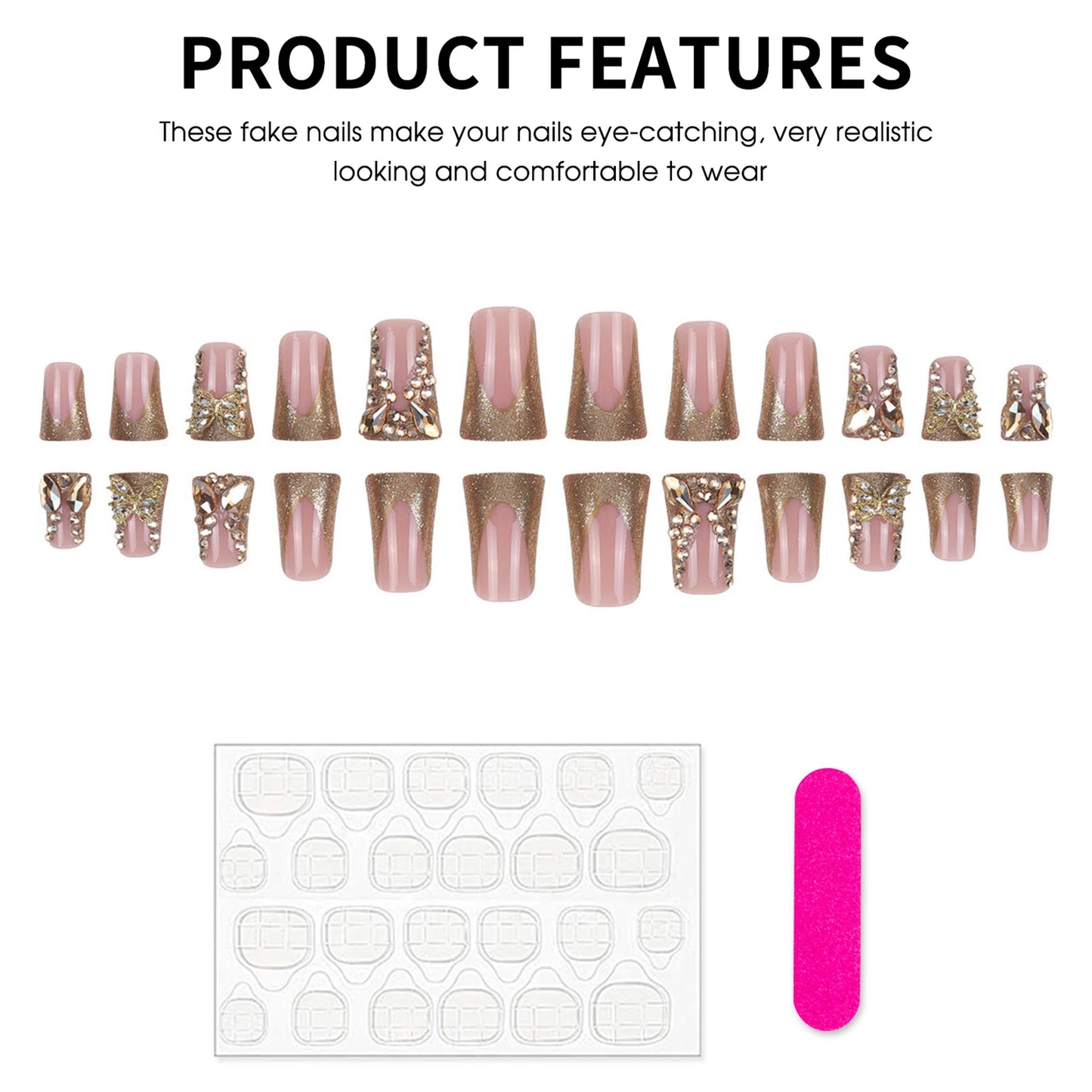 24pcs Duckbill Shaped Fake Nails Gold Butterfly Rhinestone Design False Nail Tips Wearable Full Cover French Press on Nails