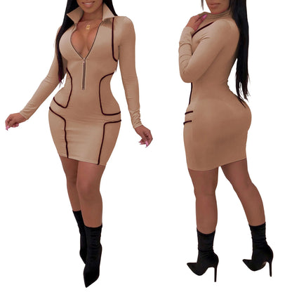 Zipper Stand Collar V Neck Long Sleeve Sheath Mini Dresses Outfits