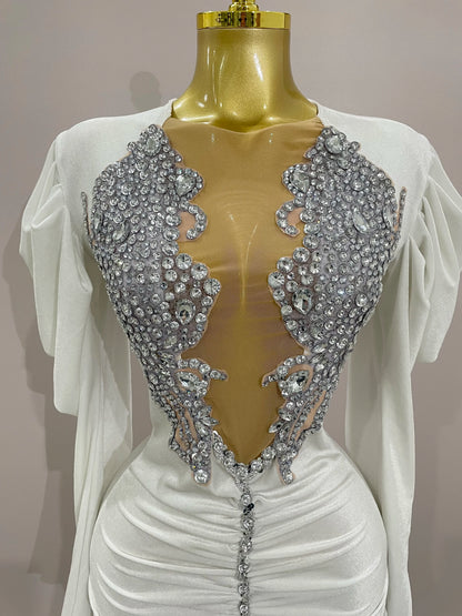 Luxury Sparkly Crystal White Velvet Mini Dresses