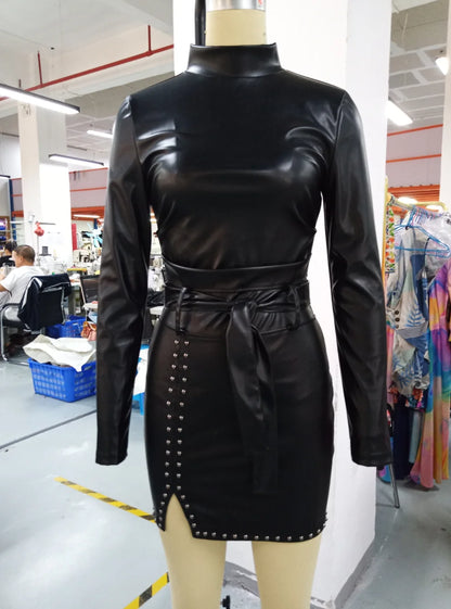 Pu Leather Long Sleeves Turtleneck Rhinestone Small Silt Skinny Mini Party Evening Black Dress