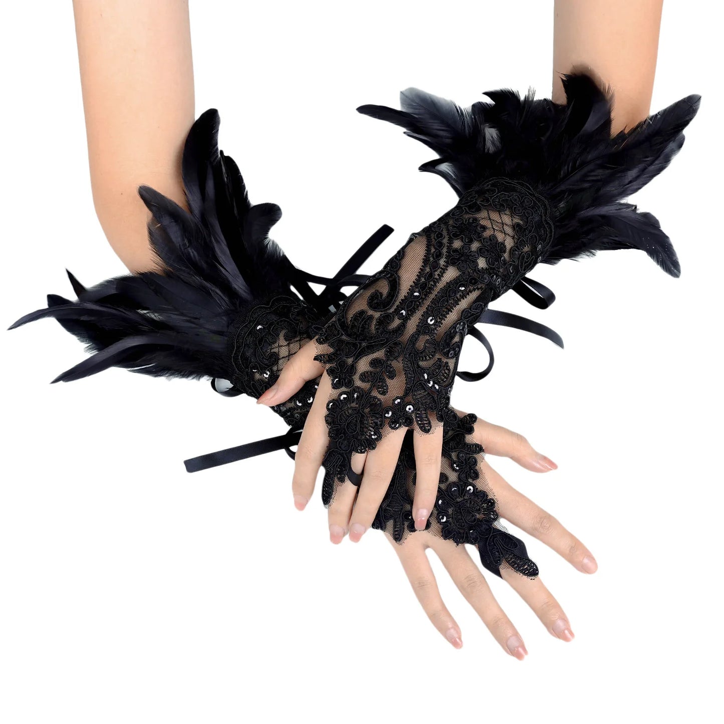 Daniella Feather Cosplay Lace Wrist Gloves (Furry Accessories)