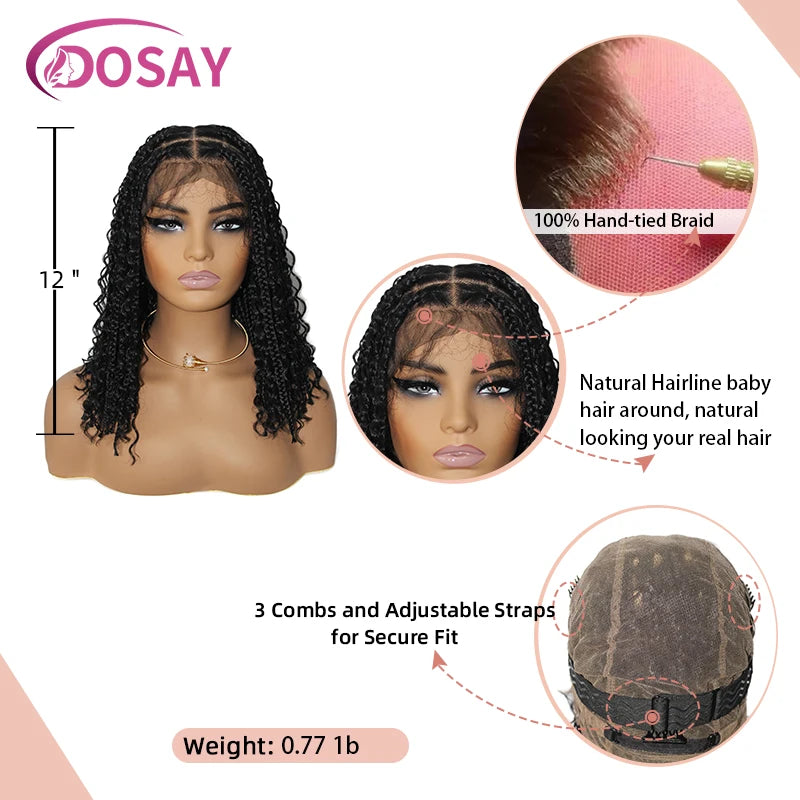 Sue Synthetic Curly Wigs Short Bob 360 Full Lace Braids Wigs 12 Inch Boho Knotless Braided Wigs Goddess Box Wig Pre-Pluck Baby Hair