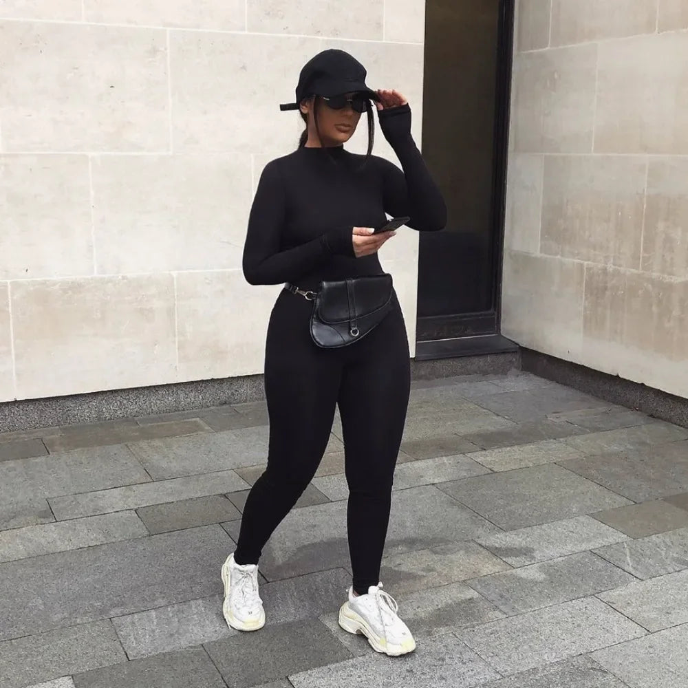 Long sleeve skiing jumpsuit women elastic hight outfit fashion fitness sportswear slim rompers streetwear