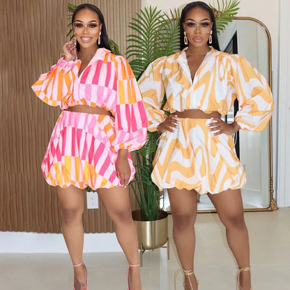Puff Sleeve Crop Top + High Waist A-line Mini Skirt Sets