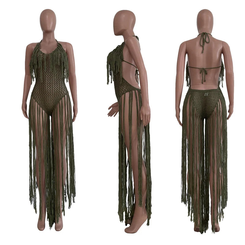 Knitted Tassel See Through Holiday Beach Bodysuits