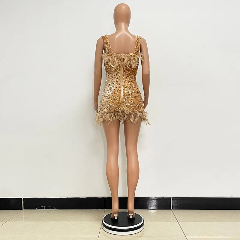 Short Sequins Halter Feathers Spicy Dresses