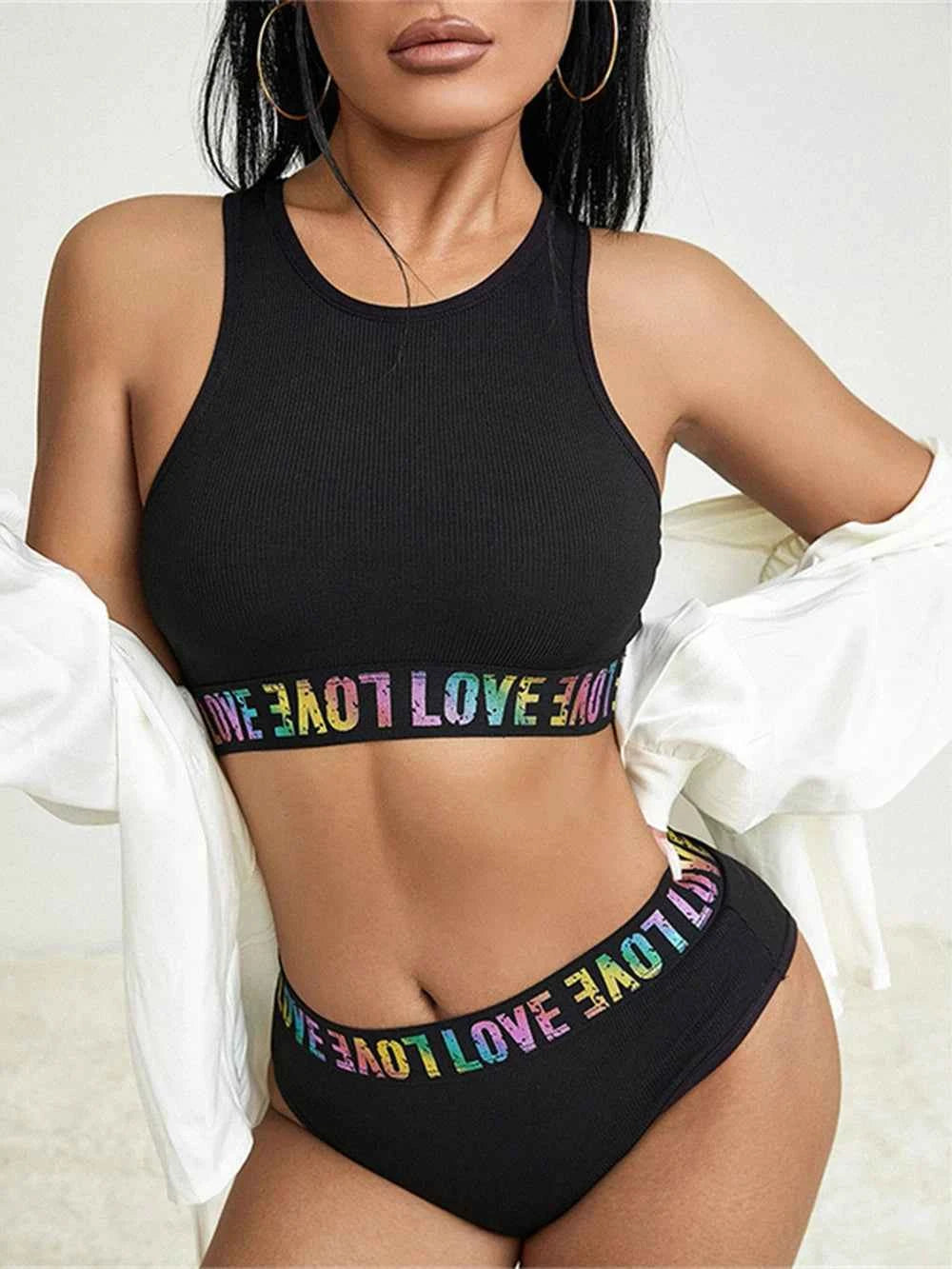 Love Letter Tank Crop Tops Gym Sport Bra  + Briefs Underwear Set ropa interior sexi mujer