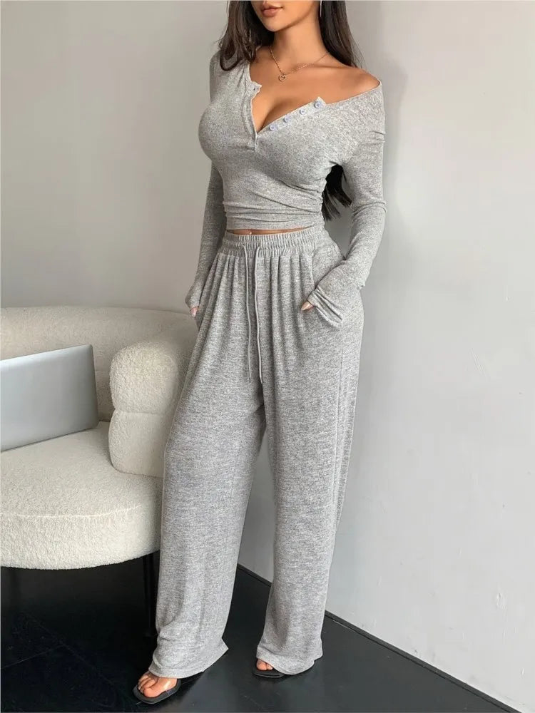Long Sleeve Button Solid Color Top + Trousers Two Piece Sets
