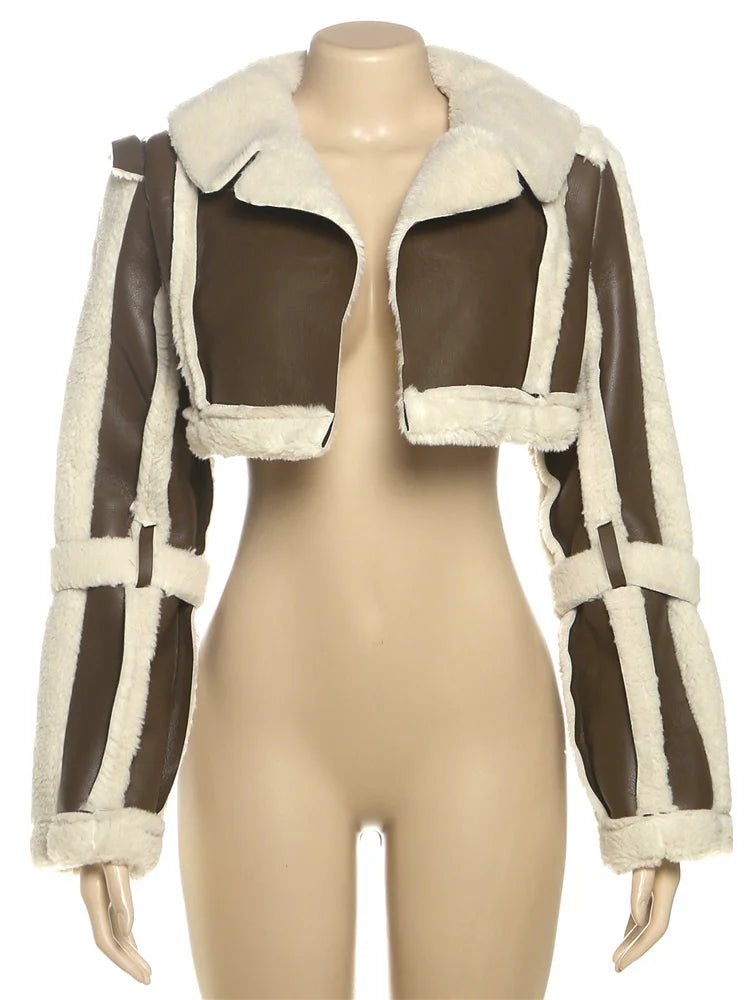 Furry Patchwork Women Crop Jacket Hipster Full Sleeve Open Stitch Hipster Streetwear Warm Outwear Basic Wild Coat