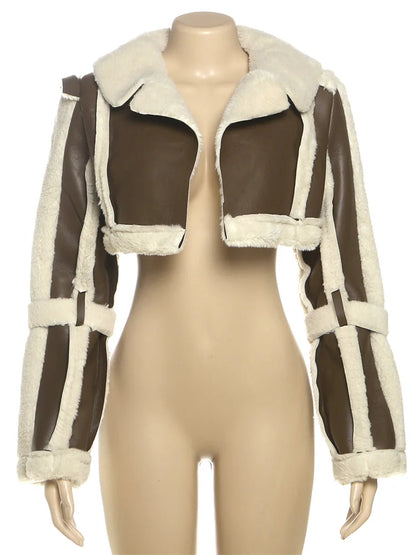 Furry Patchwork Women Crop Jacket Hipster Full Sleeve Open Stitch Hipster Streetwear Warm Outwear Basic Wild Coat