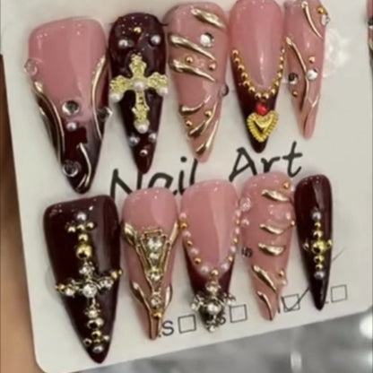 10pcs Retro Golden Almond Handmade Press on Nails Heart Pattern Fake Nails False Nail Artificial Nail 네일팁 Накладные Ногти Uñas