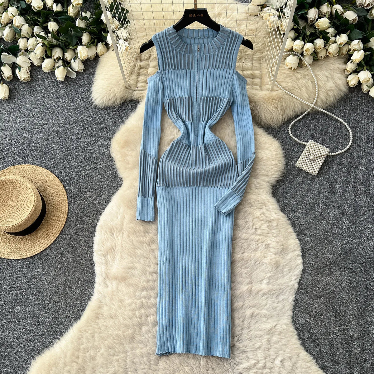 Cold Shoulder Long Sleeve Ribbed Knit Bodycon Midi Dress Elegant Fall Winter