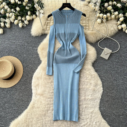 Cold Shoulder Long Sleeve Ribbed Knit Bodycon Midi Dress Elegant Fall Winter