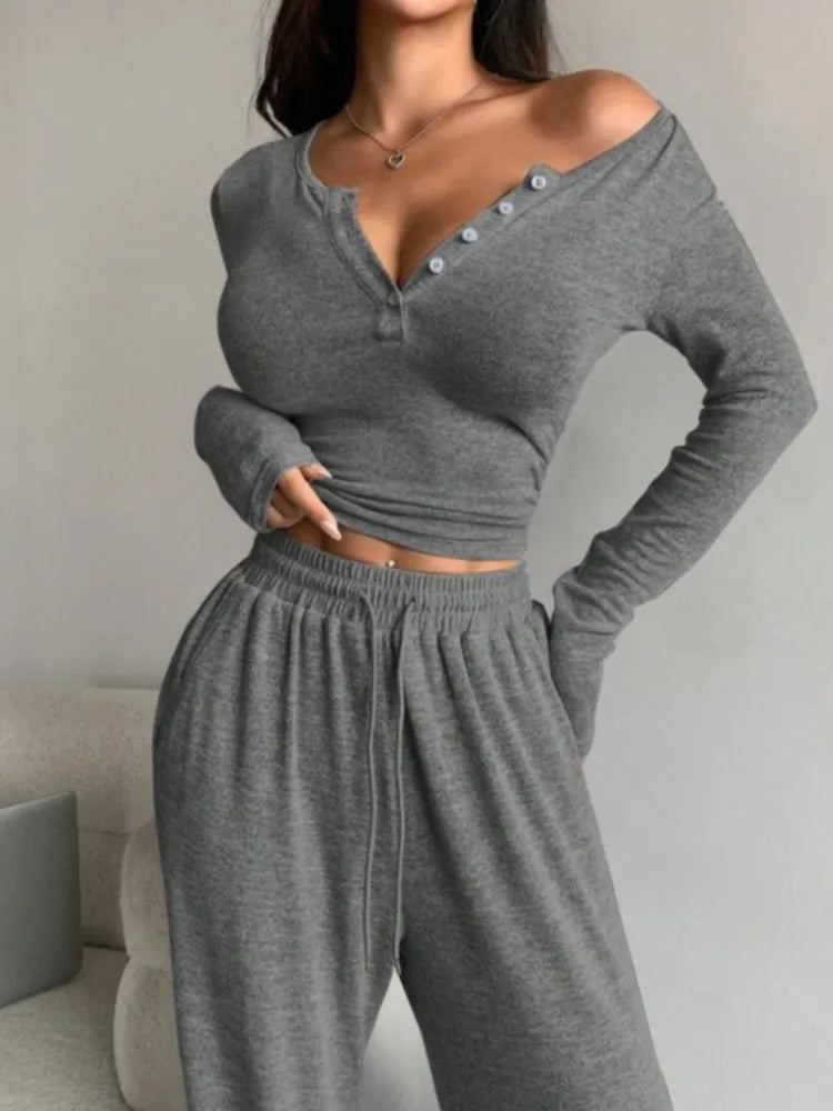 Long Sleeve Button Solid Color Top + Trousers Two Piece Sets