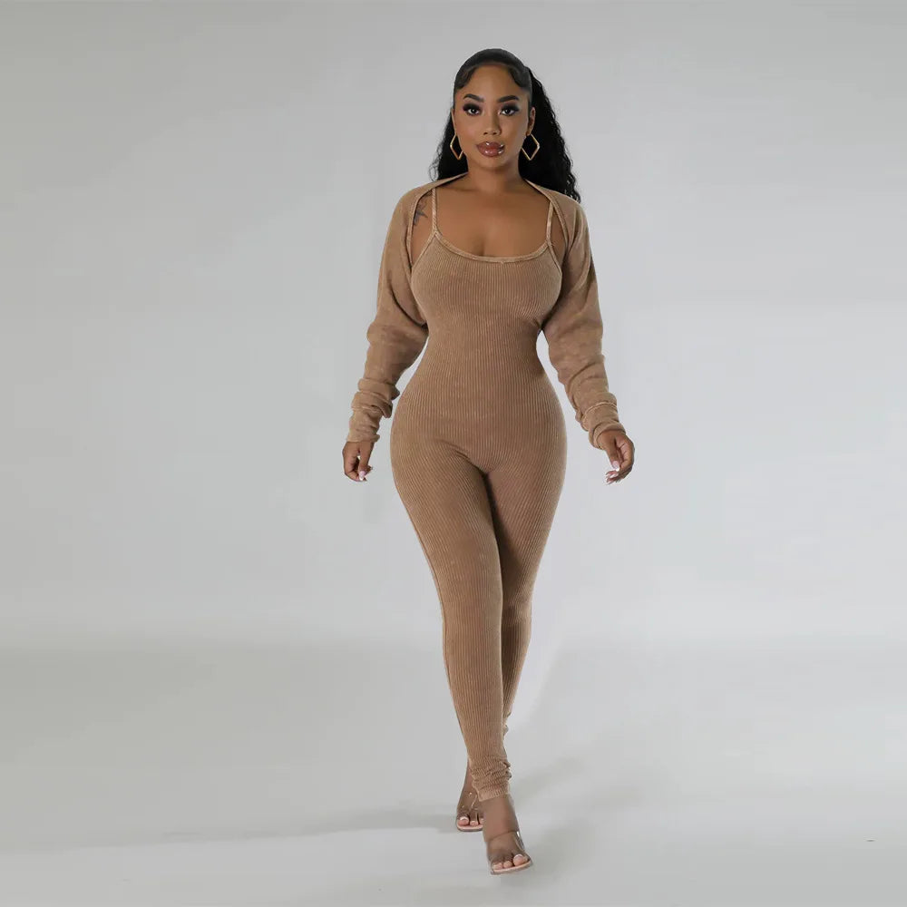 Slim Fit Jumpsuit+ Cropped Jacket (Two Piece Sets)