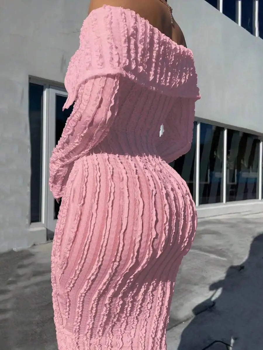Pink Textured Off-Shoulder Knit Dresses with Front Split