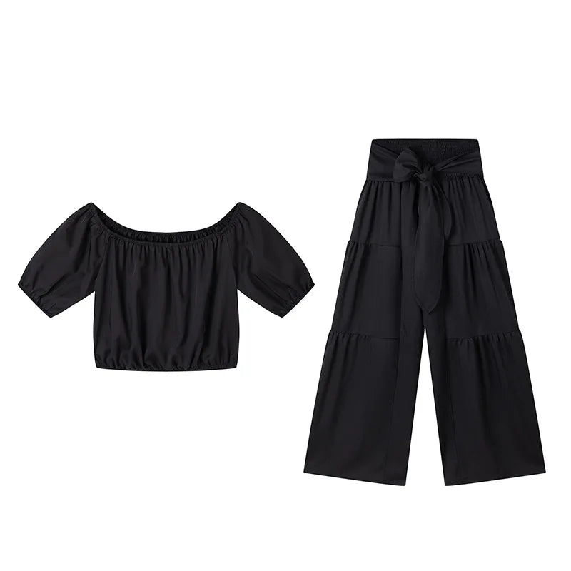 Puff Sleeve O Neck Tops + High Waist Wide Leg Pants (2 Pcs.)