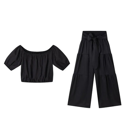 Puff Sleeve O Neck Tops + High Waist Wide Leg Pants (2 Pcs.)