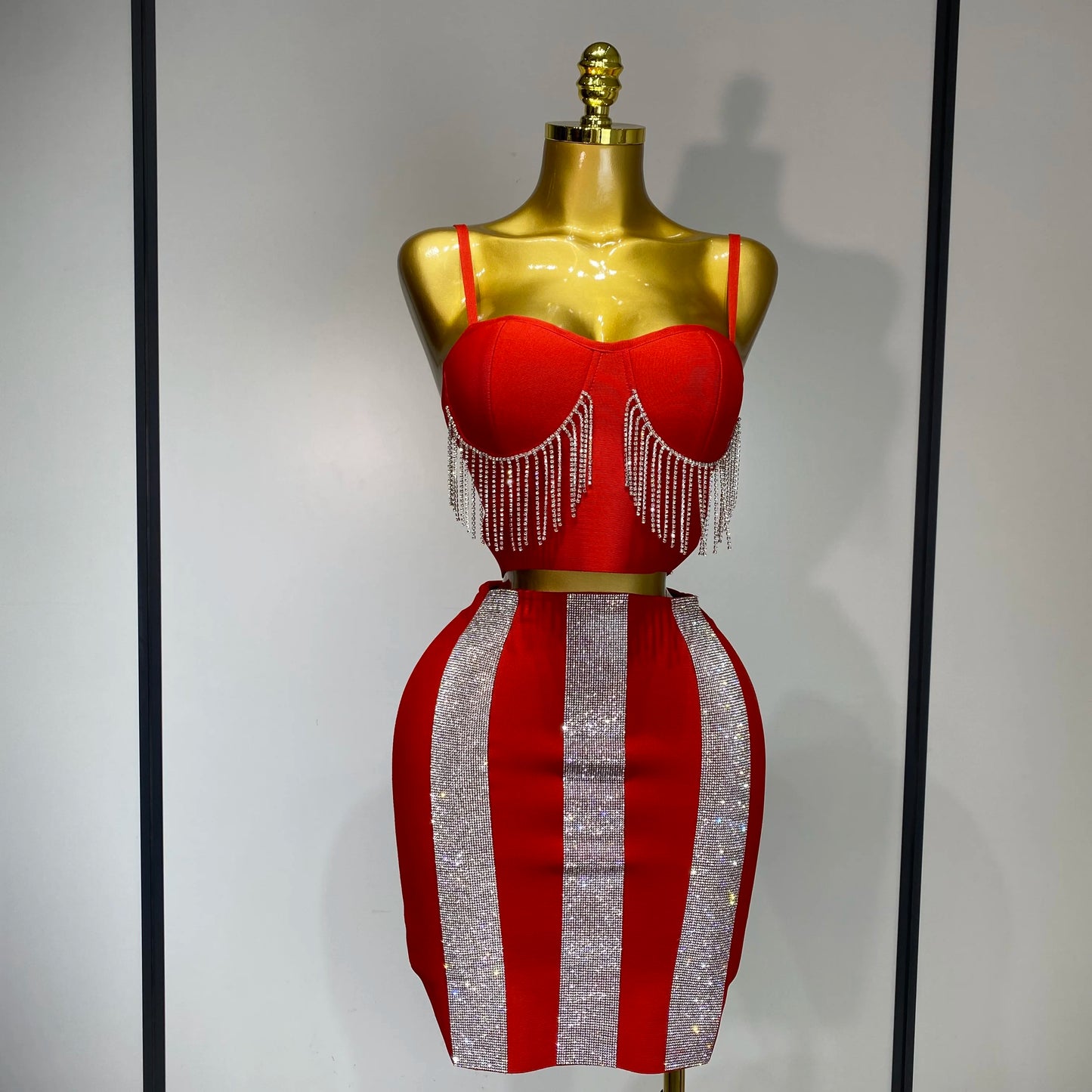 Sling Backless Tassels Bandage Skirt Two Piece Sets